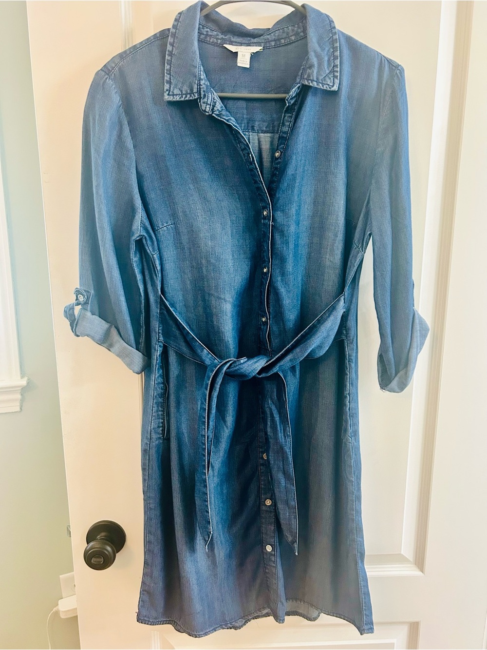 Denim Shirt Dress with Waist Tie - M
